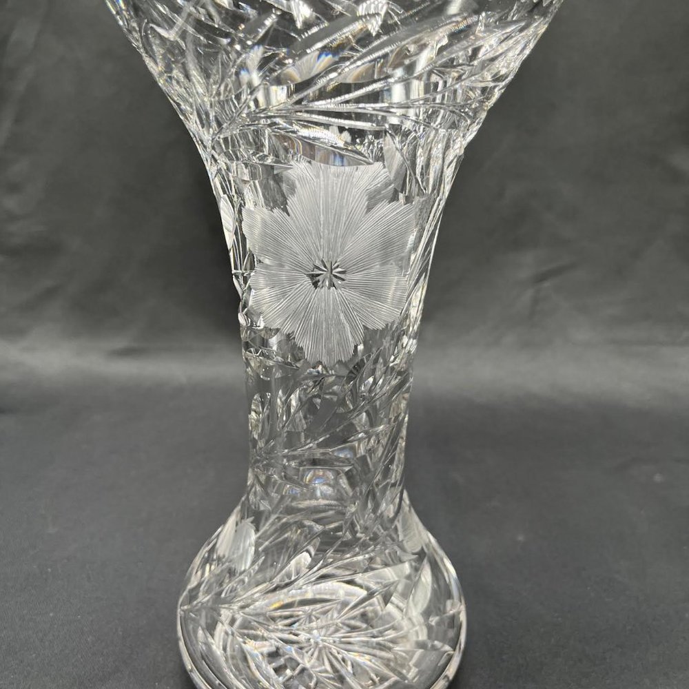 Beautiful Cut Crystal Sawtooth Vase, With Flowers, 10”h